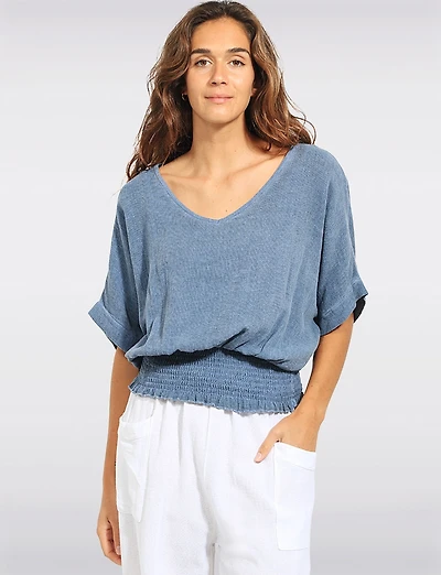 Froccella Relaxed Linen-Cotton Top - Short Dolman Sleeve & Stretch Smocked Waist