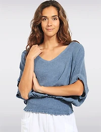 Froccella Relaxed Linen-Cotton Top - Short Dolman Sleeve & Stretch Smocked Waist
