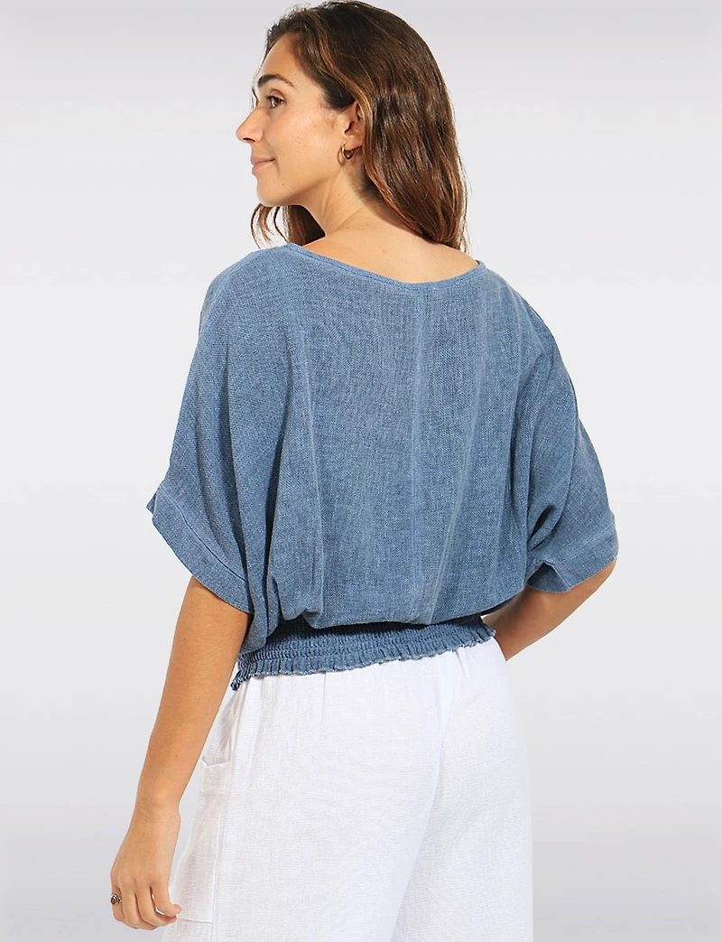 Froccella Relaxed Linen-Cotton Top - Short Dolman Sleeve & Stretch Smocked Waist