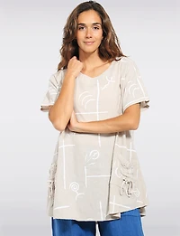 Loose Fit Linen Blend Abstract Line Print Top with Gathered Pocket by Froccella