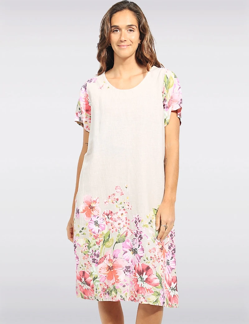 Loose Fit Floral Print Linen Blend Short Sleeve Midi Dress by Froccella