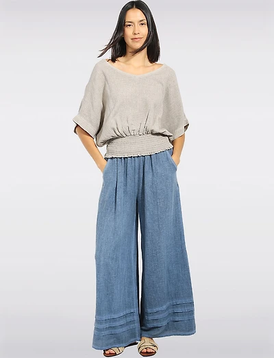 Relaxed High-Rise Linen-Cotton Pull-On Wide-Leg Pants with Pockets by Froccella