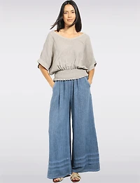 Relaxed High-Rise Linen-Cotton Pull-On Wide-Leg Pants with Pockets by Froccella