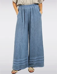 Relaxed High-Rise Linen-Cotton Pull-On Wide-Leg Pants with Pockets by Froccella