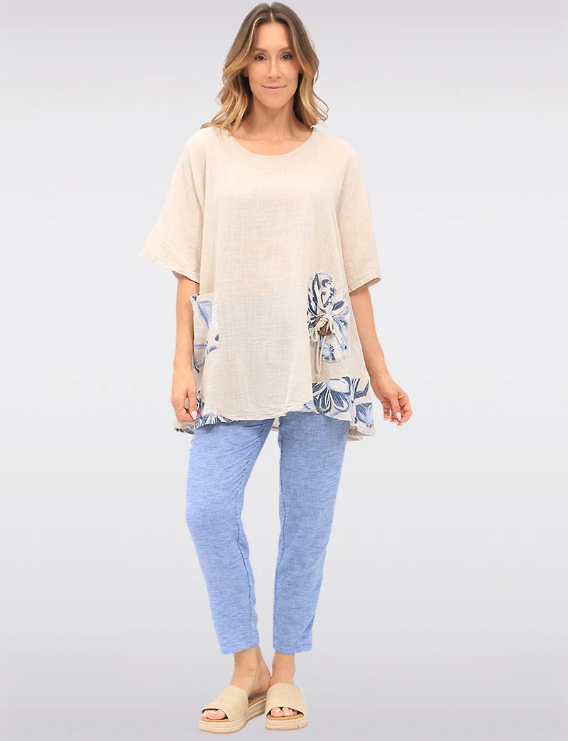 Loose Fit Short Sleeve Floral Patch Detail Linen Cotton Tunic Top by Froccella