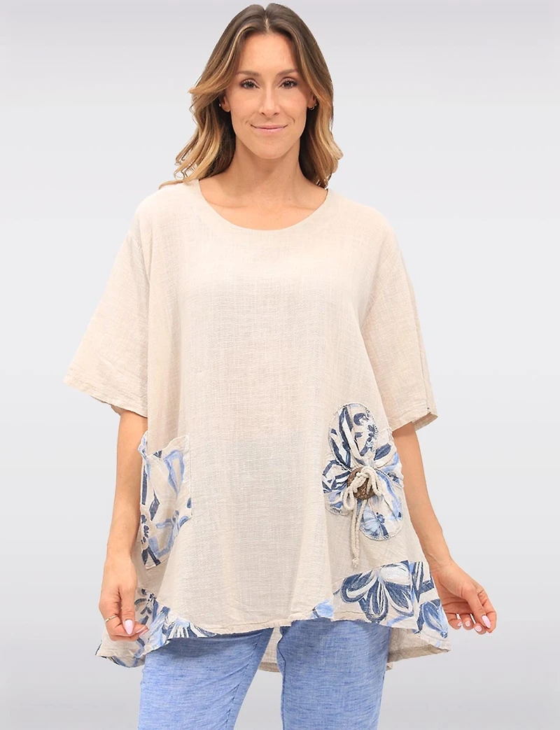 Loose Fit Short Sleeve Floral Patch Detail Linen Cotton Tunic Top by Froccella