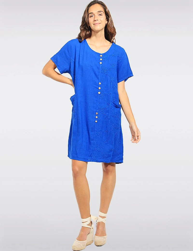 Straight Cut Embroidered Linen Wooden Button Short Sleeve Dress by Froccella