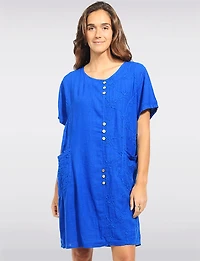 Straight Cut Embroidered Linen Wooden Button Short Sleeve Dress by Froccella