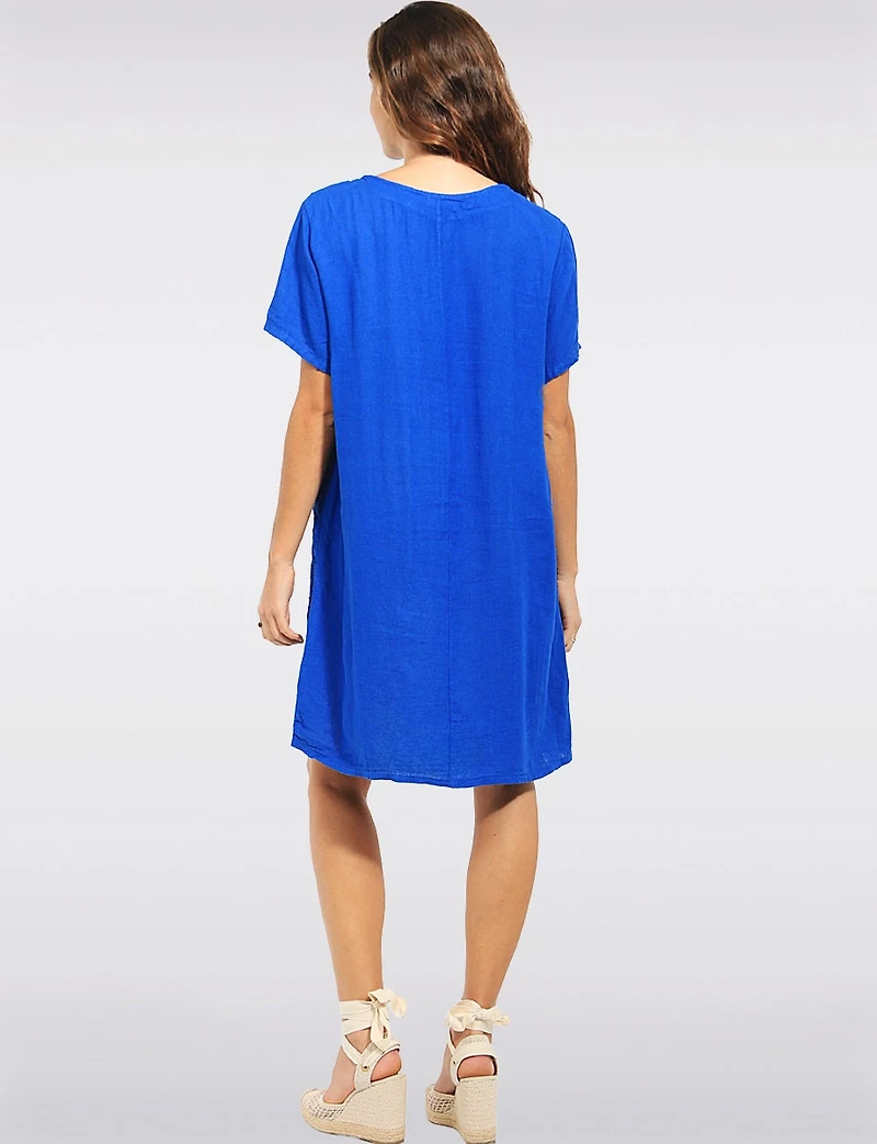 Straight Cut Embroidered Linen Wooden Button Short Sleeve Dress by Froccella