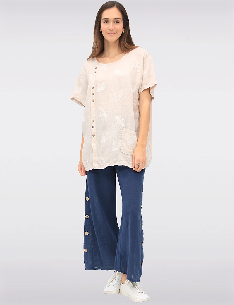 Straight Cut Floral Embroidered Linen Wood Button Short Sleeve Top by Froccella