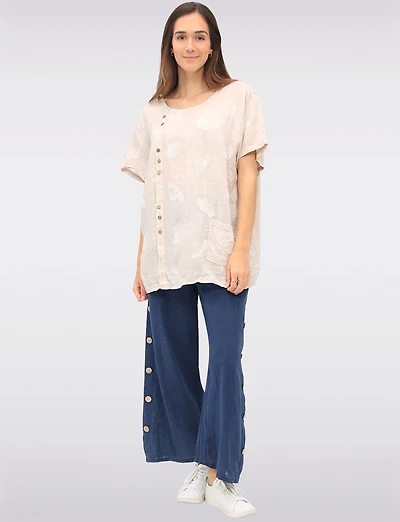 Straight Cut Floral Embroidered Linen Wood Button Short Sleeve Top by Froccella