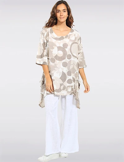 A-line Circle Print Linen Blend Pointed Hem Tunic with Pockets by Froccella