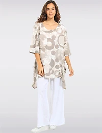 A-line Circle Print Linen Blend Pointed Hem Tunic with Pockets by Froccella