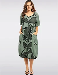 Loose Short Sleeve Mid-length Linen Blend Black Floral Print Dress by Froccella