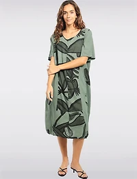 Loose Short Sleeve Mid-length Linen Blend Black Floral Print Dress by Froccella