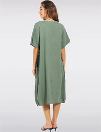 Loose Short Sleeve Mid-length Linen Blend Black Floral Print Dress by Froccella