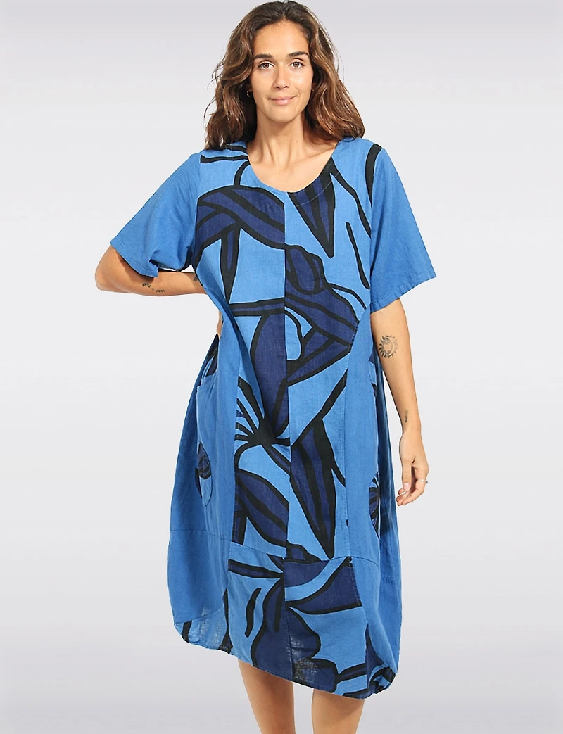 Loose Short Sleeve Mid-length Linen Blend Black Floral Print Dress by Froccella