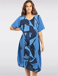 Loose Short Sleeve Mid-length Linen Blend Black Floral Print Dress by Froccella