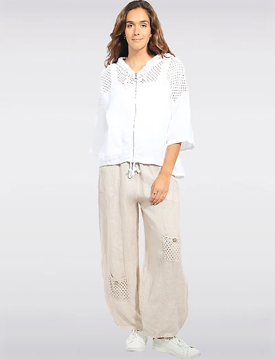 Cropped Crochet Zip-Up Linen Hooded Shrug with Drawstring Hem by Froccella