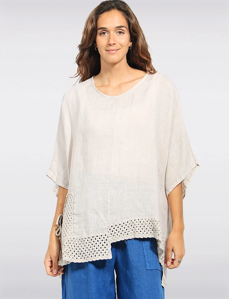 Relaxed Loose Fit Asymmetrical Crochet Hem Short Sleeve Linen Top by Froccella
