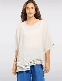 Relaxed Loose Fit Asymmetrical Crochet Hem Short Sleeve Linen Top by Froccella