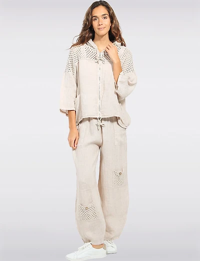 Elastic Waist Wide Linen Leg Pants with Crochet Pocket Details by Froccella