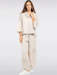 Elastic Waist Wide Linen Leg Pants with Crochet Pocket Details by Froccella