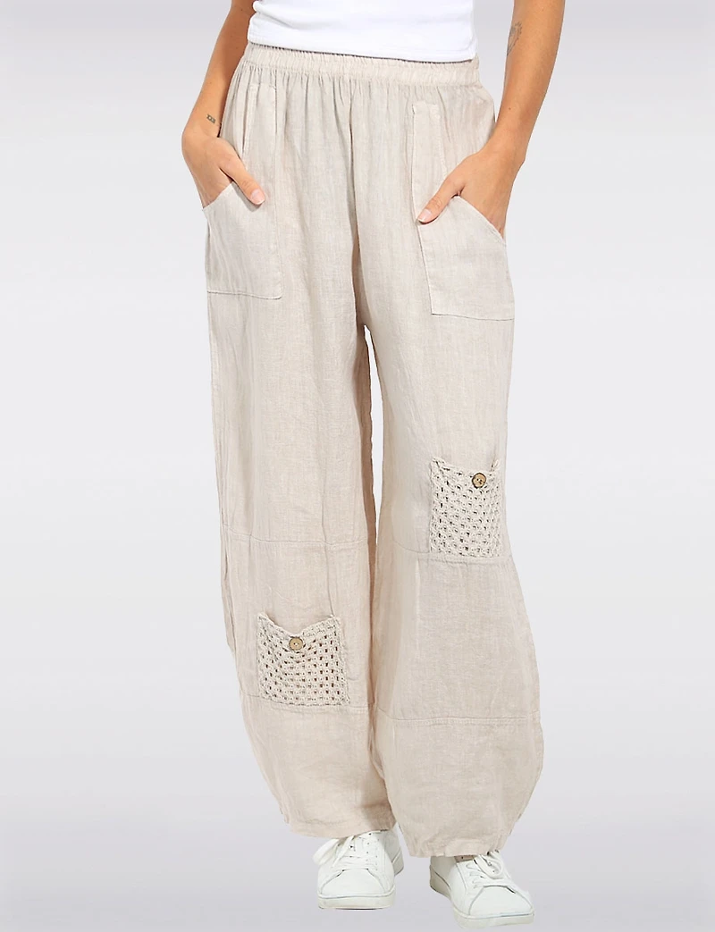 Elastic Waist Wide Linen Leg Pants with Crochet Pocket Details by Froccella