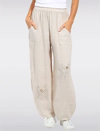 Elastic Waist Wide Linen Leg Pants with Crochet Pocket Details by Froccella
