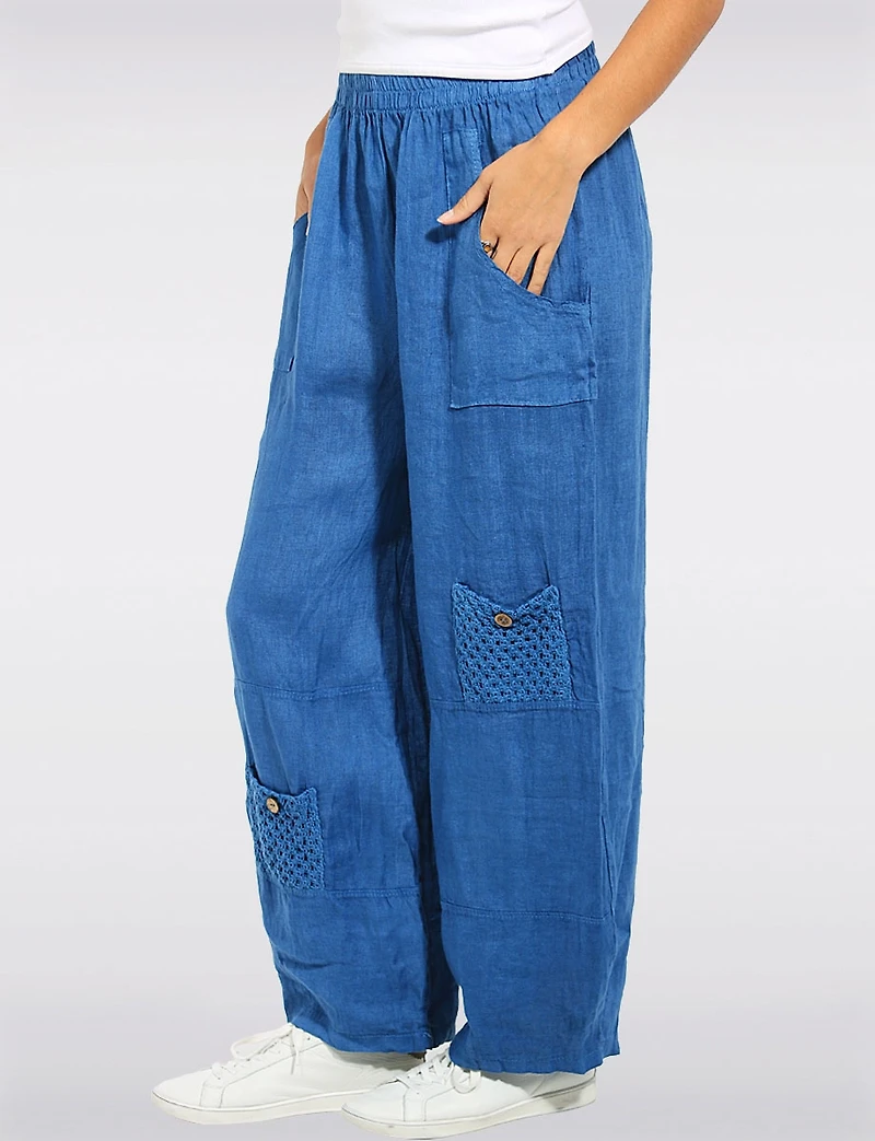 Elastic Waist Wide Linen Leg Pants with Crochet Pocket Details by Froccella