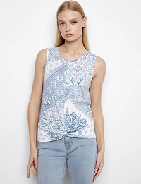 Chic Sleeveless Blue Floral-Print Cotton Top with Front Twist Hem by Charlie B