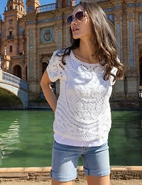 Reversible Short Sleeve Cotton Crochet Sweater Button-Down Top by Charlie B