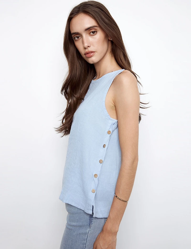 Lightweight Sleeveless Linen Top - Side Button & High-Low Round Hem by Charlie B