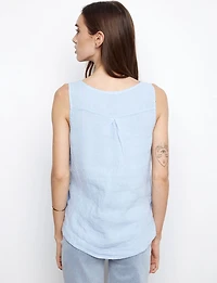 Lightweight Sleeveless Linen Top - Side Button & High-Low Round Hem by Charlie B
