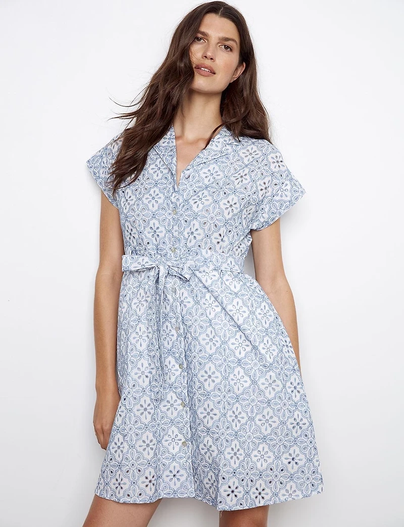 Charlie B Short Sleeve Mid-Length Button-Front Cotton Eyelet Belted Dress