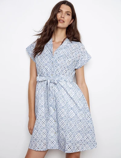 Charlie B Short Sleeve Mid-Length Button-Front Cotton Eyelet Belted Dress