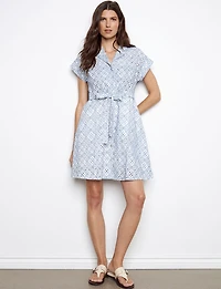 Charlie B Short Sleeve Mid-Length Button-Front Cotton Eyelet Belted Dress
