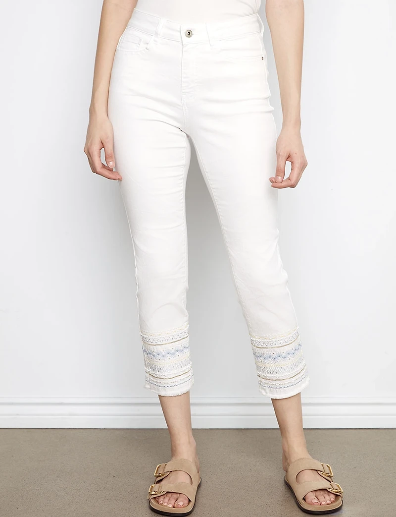 Slim-Fit Stretch Crop White Jeans with Elegant Embroidered Hem by Charlie B