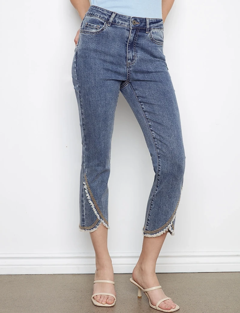 Medium Blue Stretch Slim Fit Jeans - Frayed Embroidered Tulip Hem by Charlie B