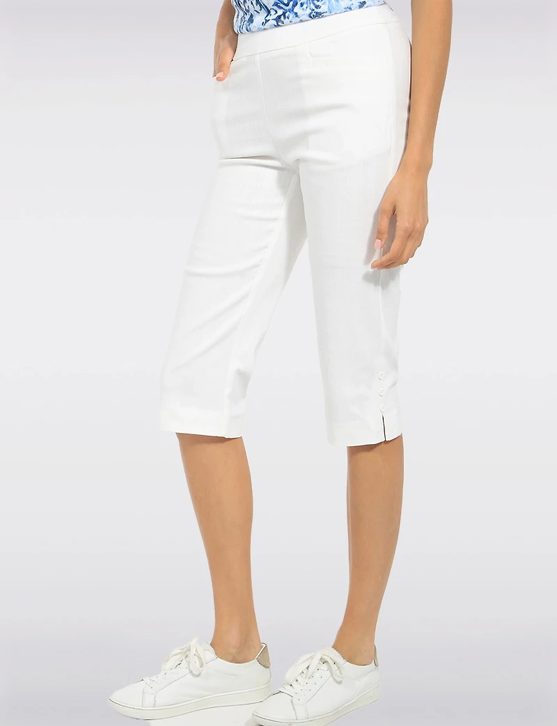 White Textured Stretch Slim Fit Pull-On Capri with Two Pockets & Button Cuff