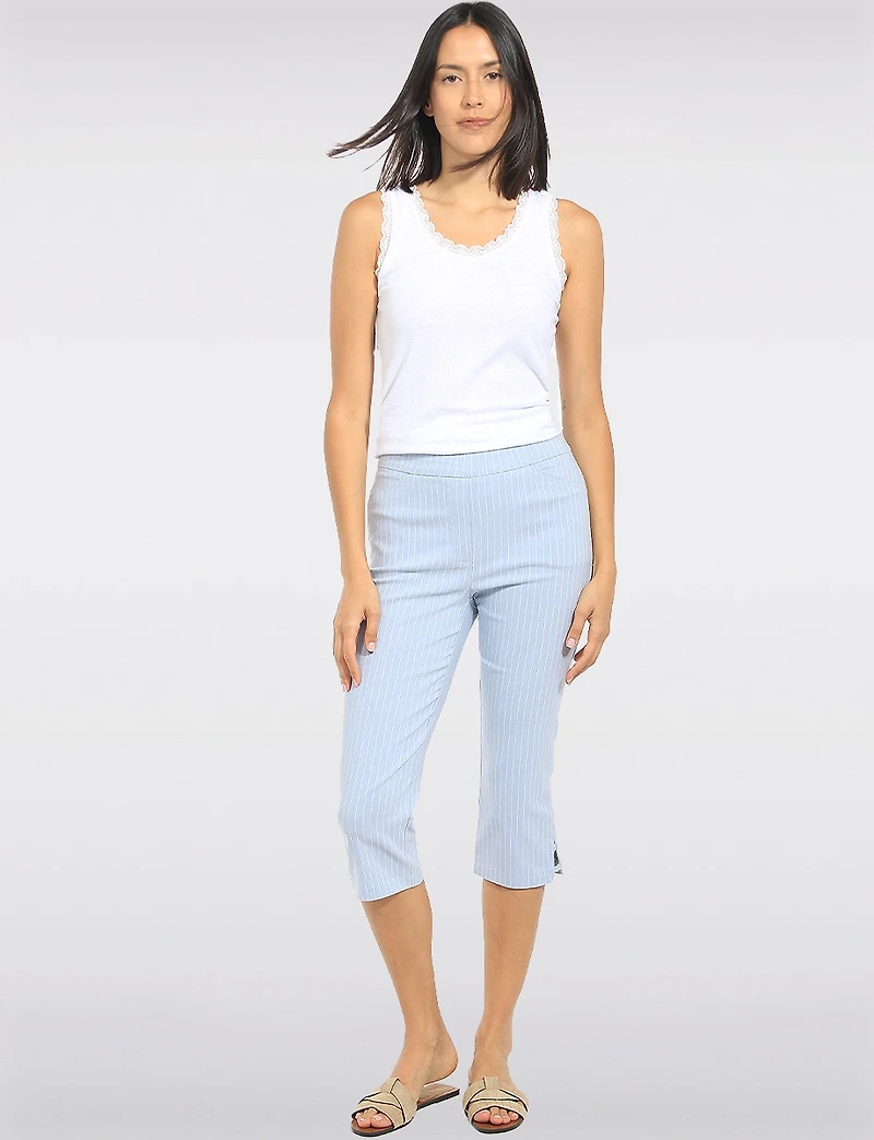 Blue Pinstripe Stretch Pull-On Capri Pants with Front Pockets & Side Slits