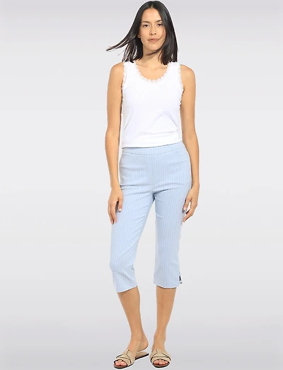 Blue Pinstripe Stretch Pull-On Capri Pants with Front Pockets & Side Slits