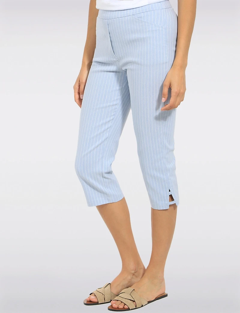 Blue Pinstripe Stretch Pull-On Capri Pants with Front Pockets & Side Slits