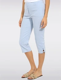 Blue Pinstripe Stretch Pull-On Capri Pants with Front Pockets & Side Slits