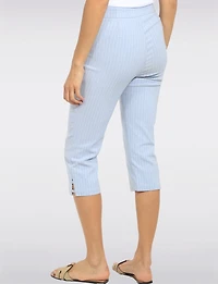Blue Pinstripe Stretch Pull-On Capri Pants with Front Pockets & Side Slits