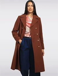 A-line Midi Double-Breasted Gold Button Chevron Wool Blend Coat by Kenneth Cole