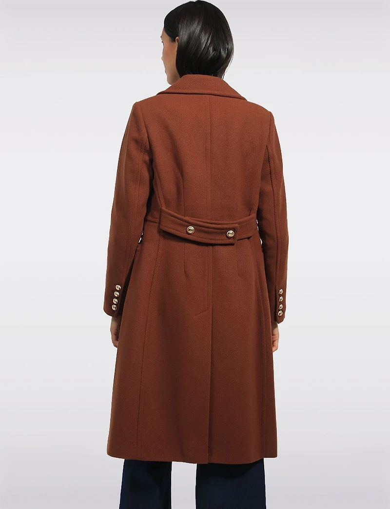 A-line Midi Double-Breasted Gold Button Chevron Wool Blend Coat by Kenneth Cole