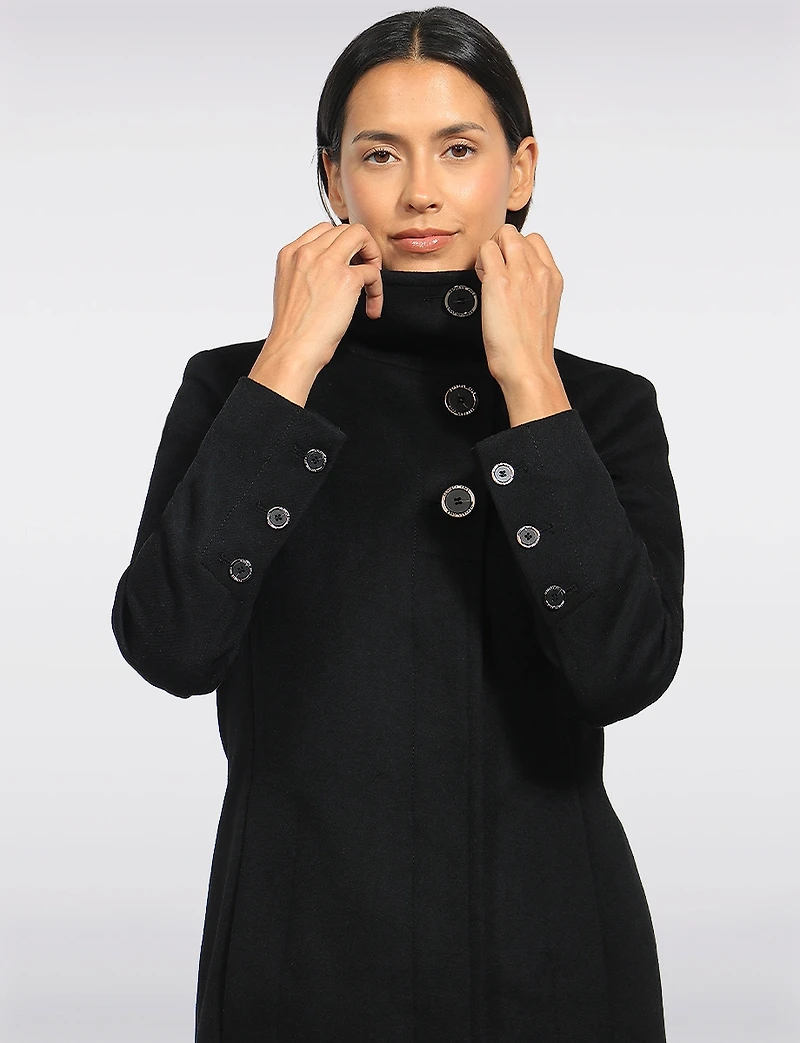 Mid-length A-line High-Collar Single BreastedWool Blend Coat by Kenneth Cole