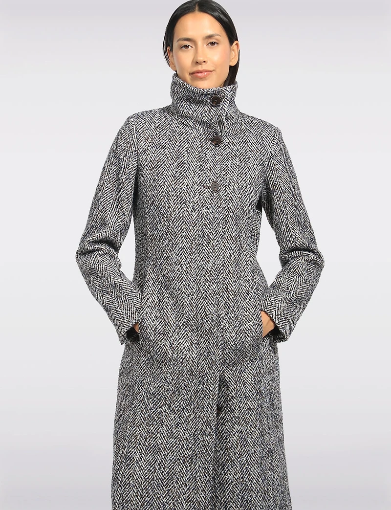 Mid-length High-Collar Single Breasted Chevron Wool Blend Coat by Kenneth Cole