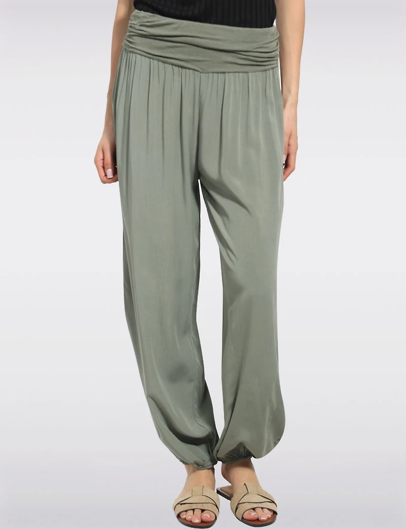 Solid Flowy Ruched Waist Band and Elastic Hem Balloon Pants by Froccella